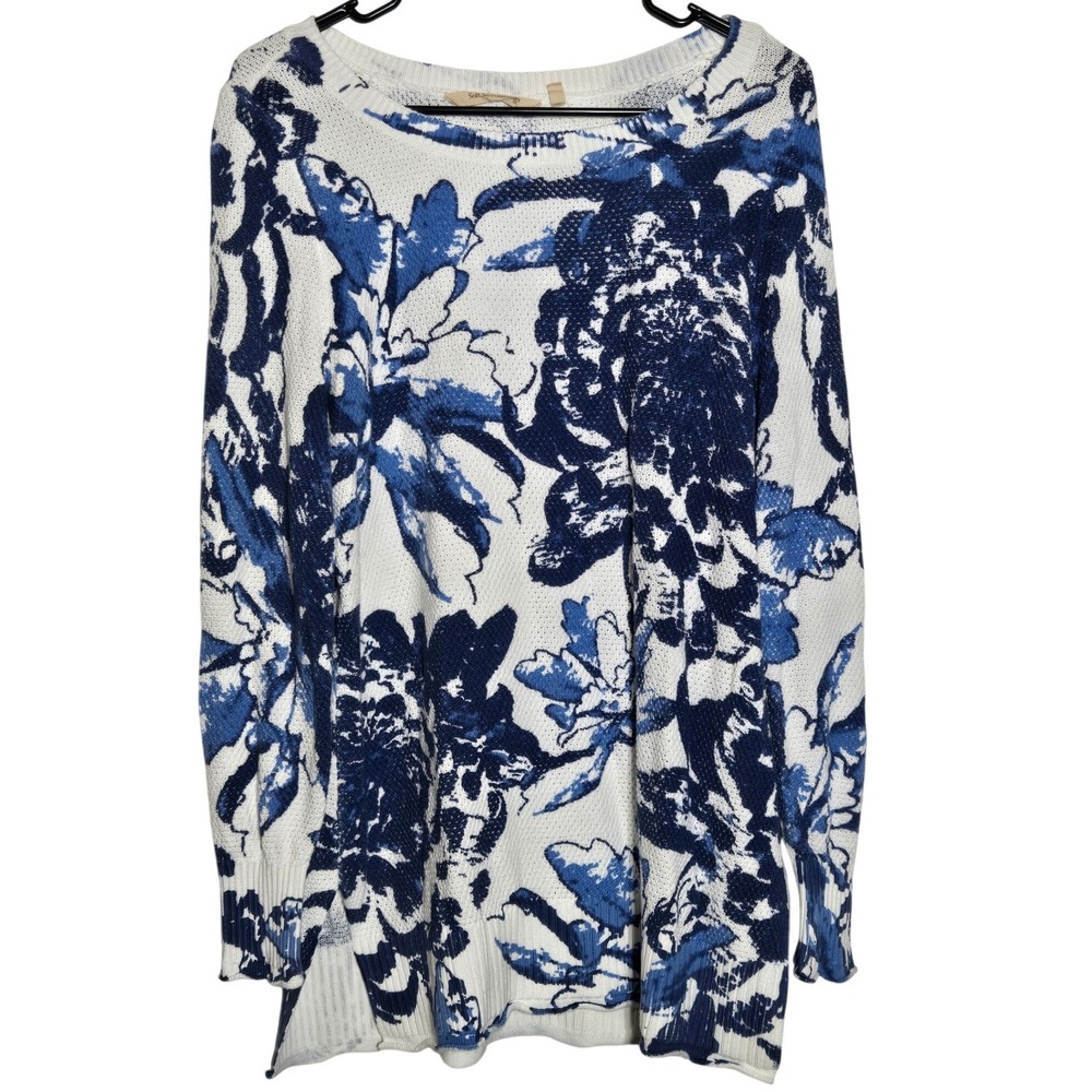 Soft Surroundings Blue Floral Knit Marin Sweater Medium Coastal Boho Preppy